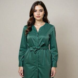 ICHI Green Blouson Snap Button Front Dress Long Sleeve Pockets Size 38 Medium